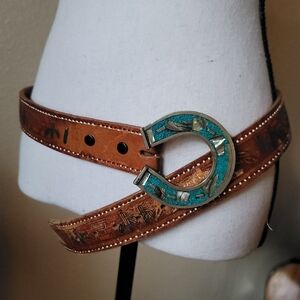Mexican Handmade Brown Leather Belt with Turquoise Buckle Size 36" Large